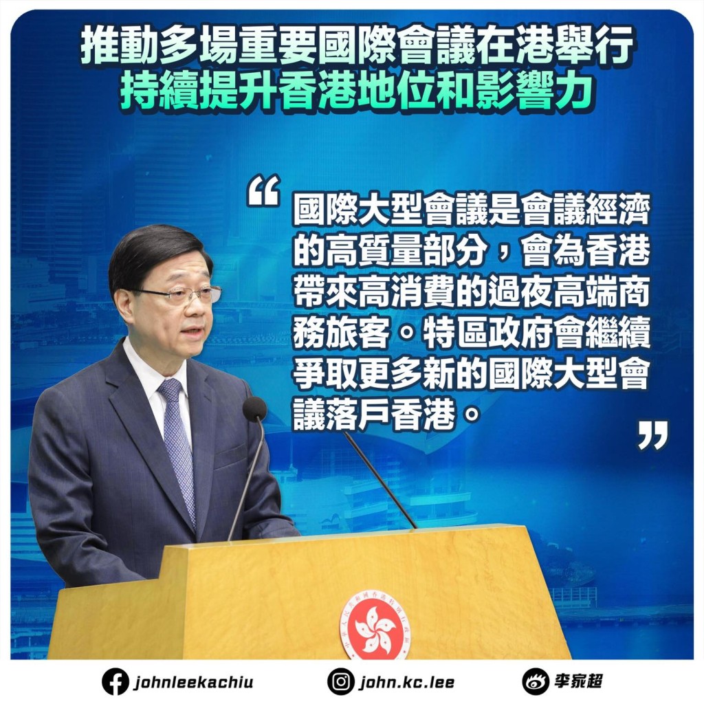 李家超指國際大型會議是會議經濟的高質量部分,會為香港帶來高消費的過夜高端商務旅客。李家超FB圖片 李家超指國際大型會議是會議經濟的高質量部分,會為香港帶來高消費的過夜高端商務旅客。李家超FB圖片