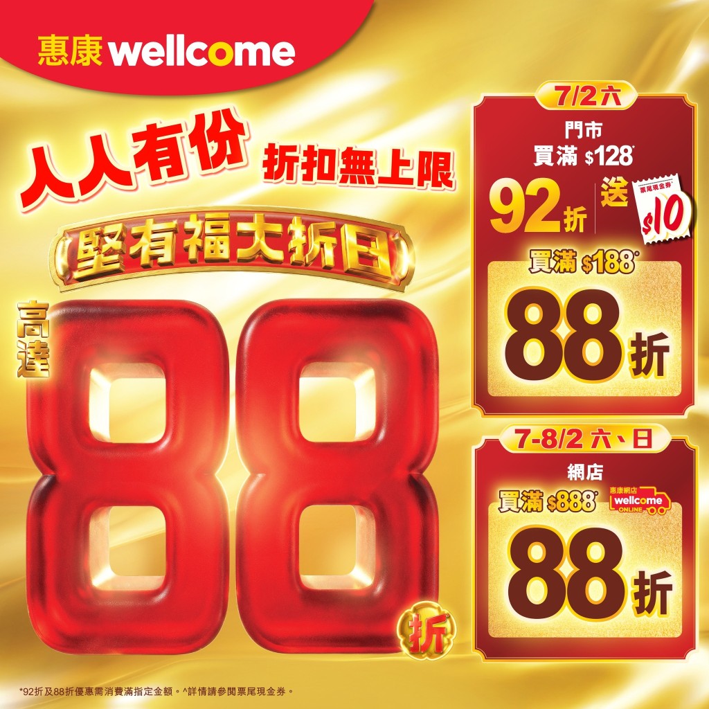 惠康超市門市/網店全單88折 滿額再送$10現金券