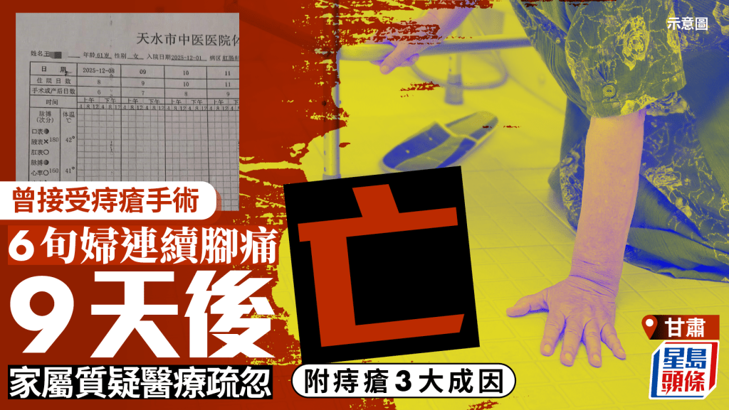 痔瘡手術︱甘肅61歲婦連續腳痛9天後身亡  家屬質疑醫療疏忽
