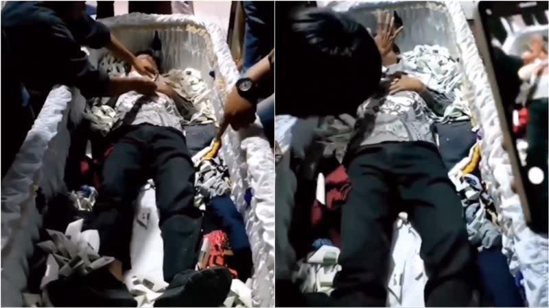 一名躺卧在棺材中的印尼中年男子,突然被親友發現尚有呼吸「死而復生」,惹來熱議。(影片截圖)
