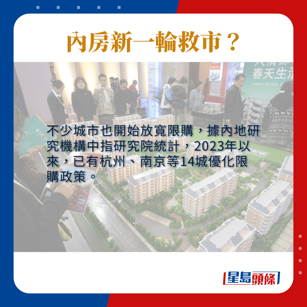 不少城市也开始放宽限购，据内地研究机构中指研究院统计，2023年以来，已有杭州、南京等14城优化限购政策。