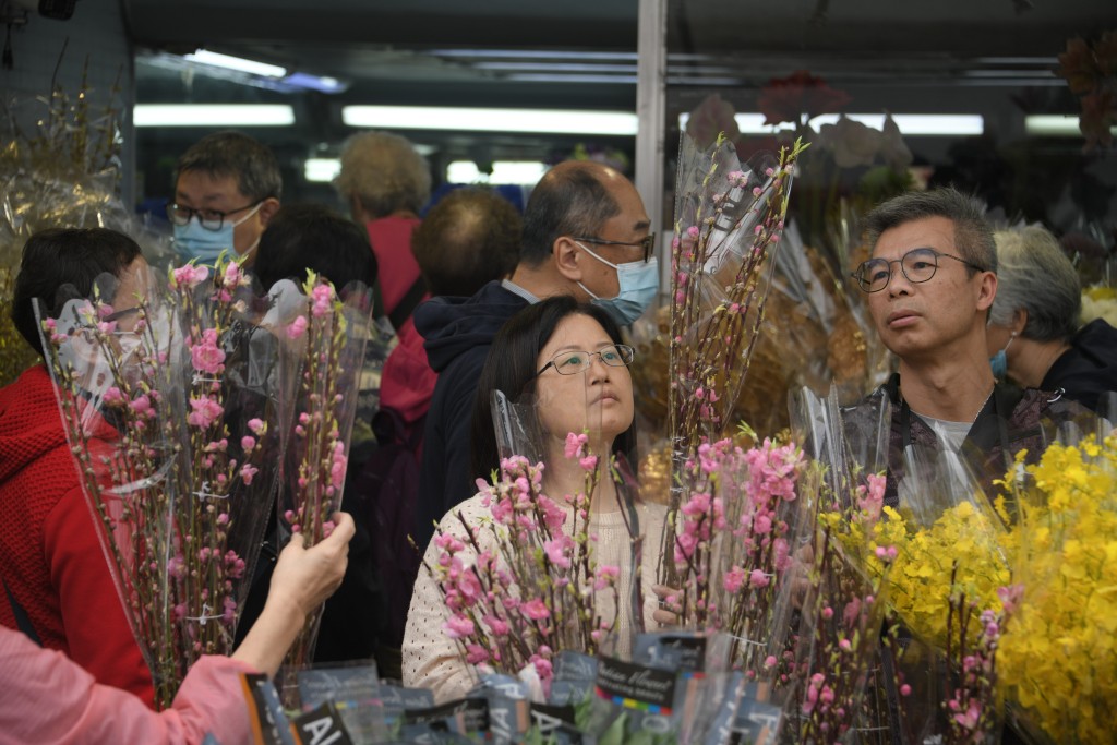 不少人趁周日到旺角花墟买年花应节。陈浩元摄