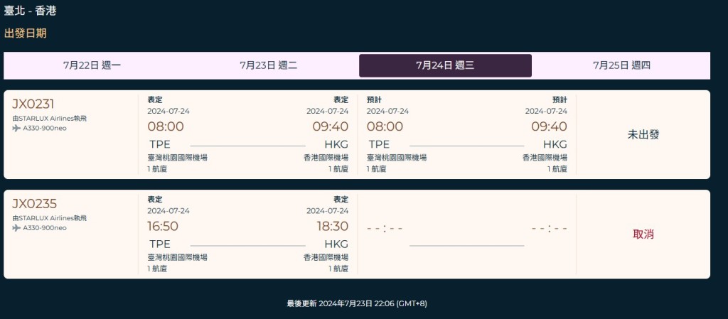 星宇航空周三往返台北各有1班机取消。星宇航空网站截图