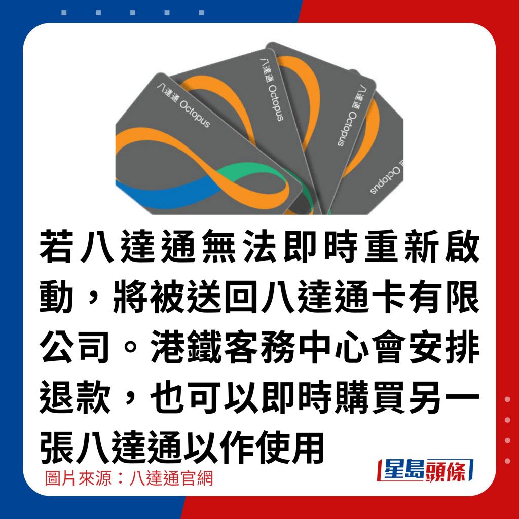 若八达通无法即时重新启动，将被送回八达通卡有限公司。港铁客务中心会安排退款，也可以即时购买另一张八达通以作使用