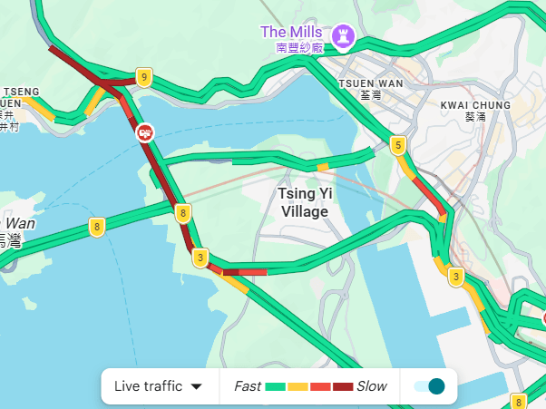 截至下午6時龍尾塞過汀九橋至青衣。Google Map截圖