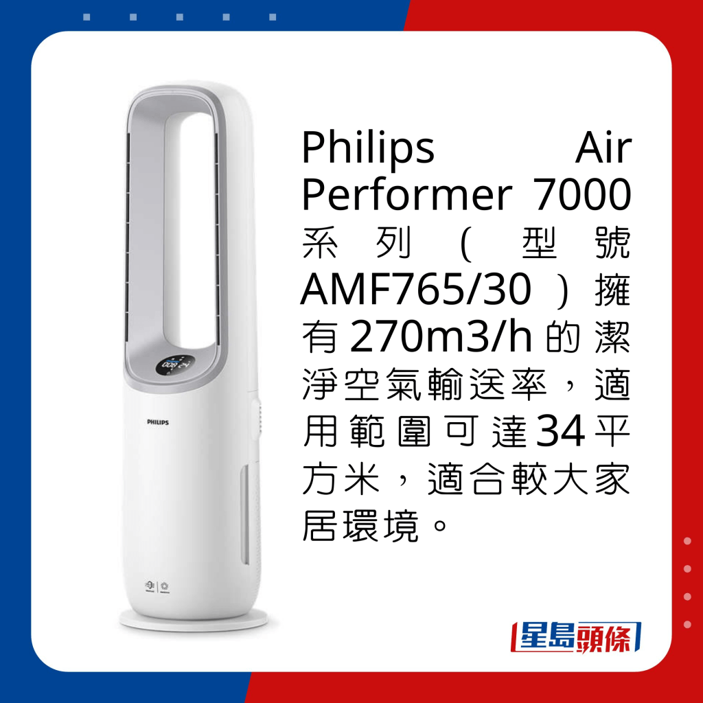Philips Air Performer 7000系列（型號AMF765/30）擁有270m3/h的潔淨空氣輸送率，適用範圍可達34平方米，適合較大家居環境。