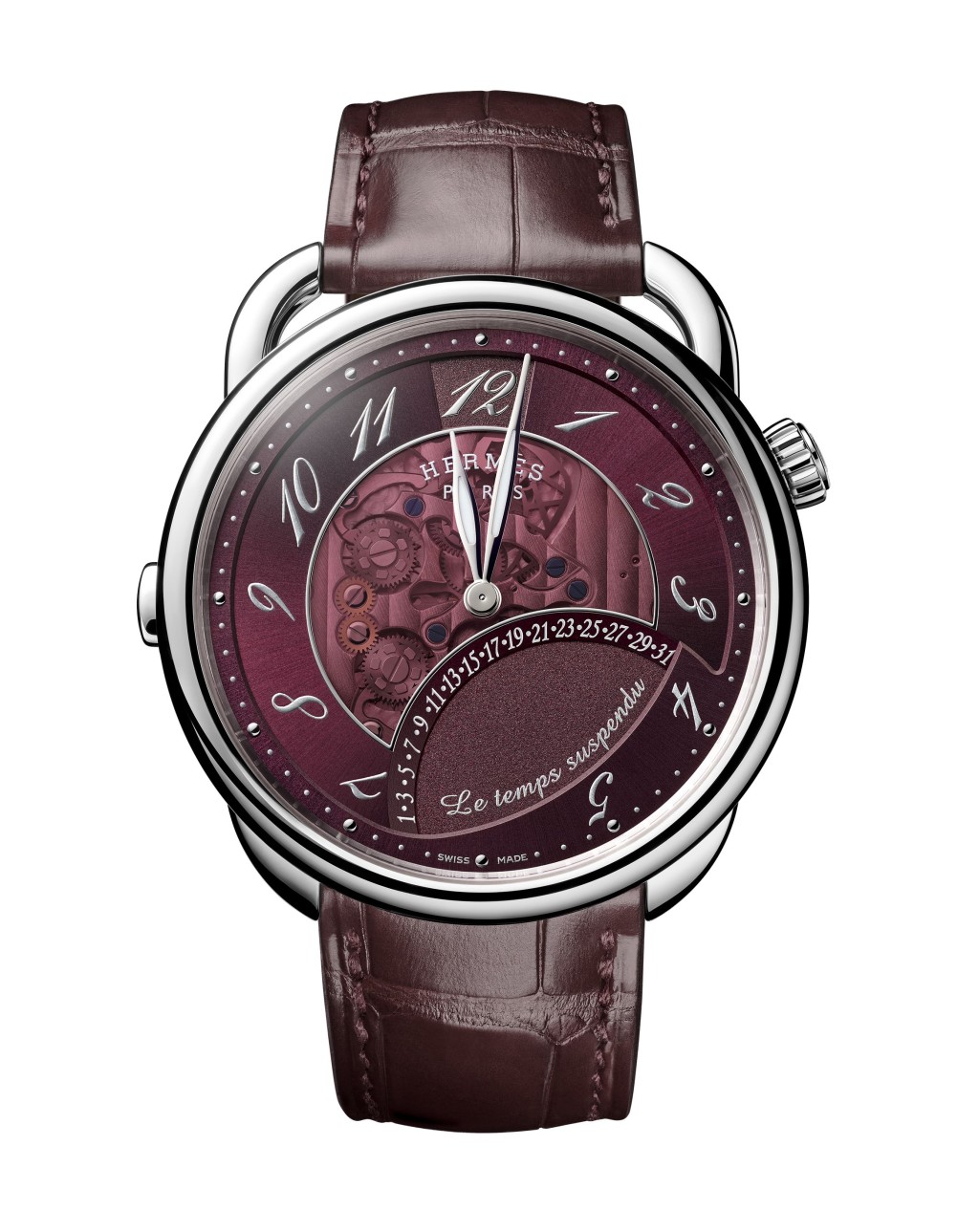 Hermès Arceau Le temps suspendu,錶殼:42mm白金 / 機芯:H1837自動 / 售價: $370,500(白金/鱷魚皮錶帶)/ $369,000(白金/小牛皮錶帶)。 Hermès Arceau Le temps suspendu,錶殼:42mm白金 / 機芯:H1837自動 / 售價: $370,500(白金/鱷魚皮錶帶)/ $369,000(白金/小牛皮錶帶)。