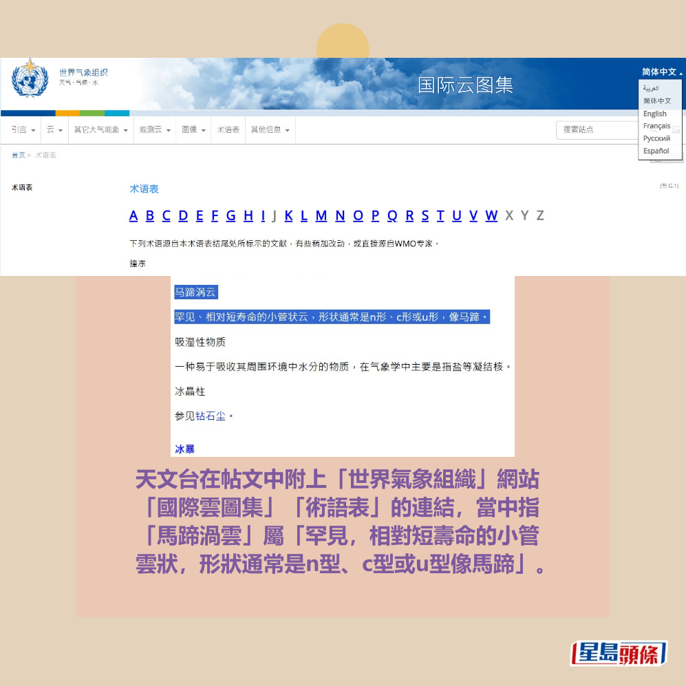 天文台在帖文中附上「世界氣象組織」網站 「國際雲圖集」「術語表」的連結,當中指 「馬蹄渦雲」屬「罕見,相對短壽命的小管 雲狀,形狀通常是n型、c型或u型像馬蹄」。 天文台在帖文中附上「世界氣象組織」網站 「國際雲圖集」「術語表」的連結,當中指 「馬蹄渦雲」屬「罕見,相對短壽命的小管 雲狀,形狀通常是n型、c型或u型像馬蹄」。