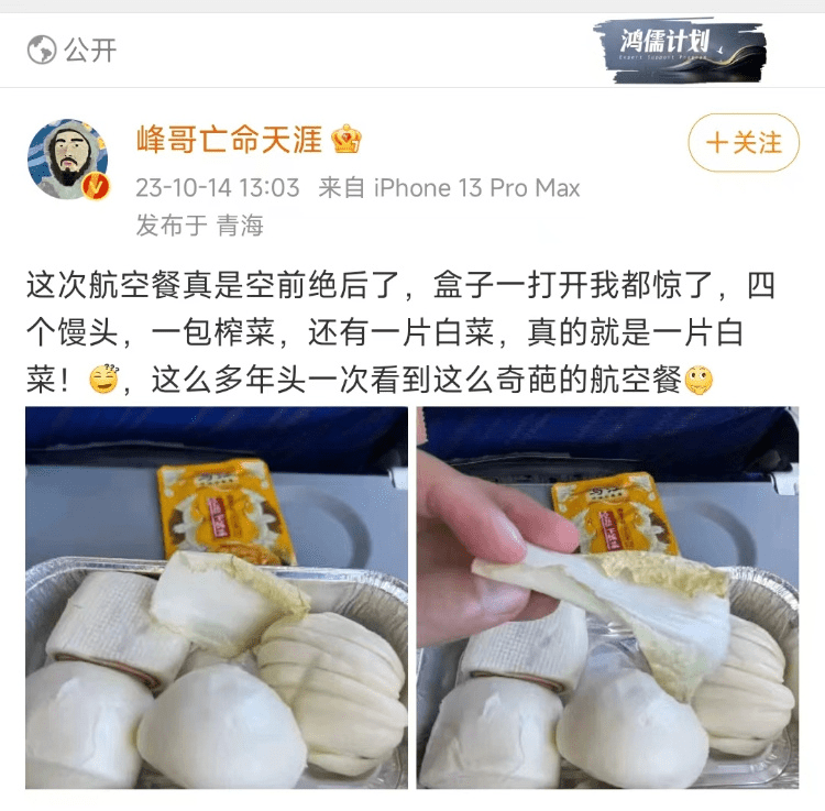 内地网红「峰哥亡命天涯」微博发文，称飞机餐发「4个馒头加1片白菜」很奇葩。