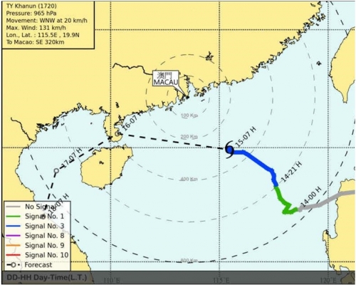 澳門氣象局預測，當地風力將會增強。網圖