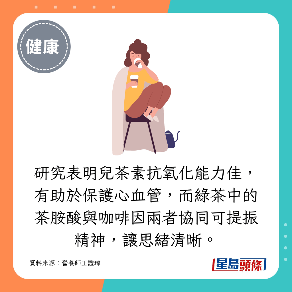 研究表明儿茶素抗氧化能力佳，有助于保护心血管，而绿茶中的茶胺酸与咖啡因两者协同可提振精神，让思绪清晰。