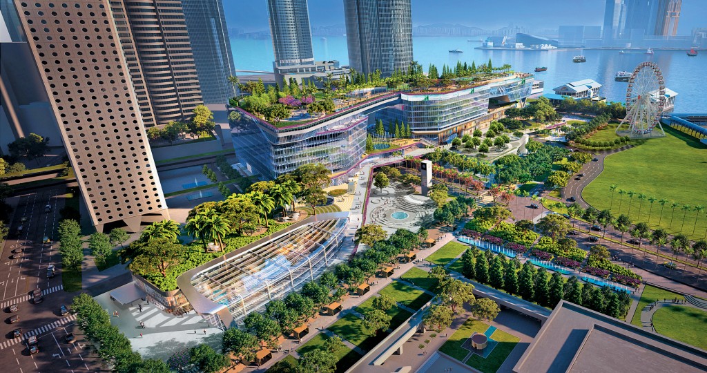 正在興建的中環新海濱旗艦商業項目，坐擁大量綠化空間。