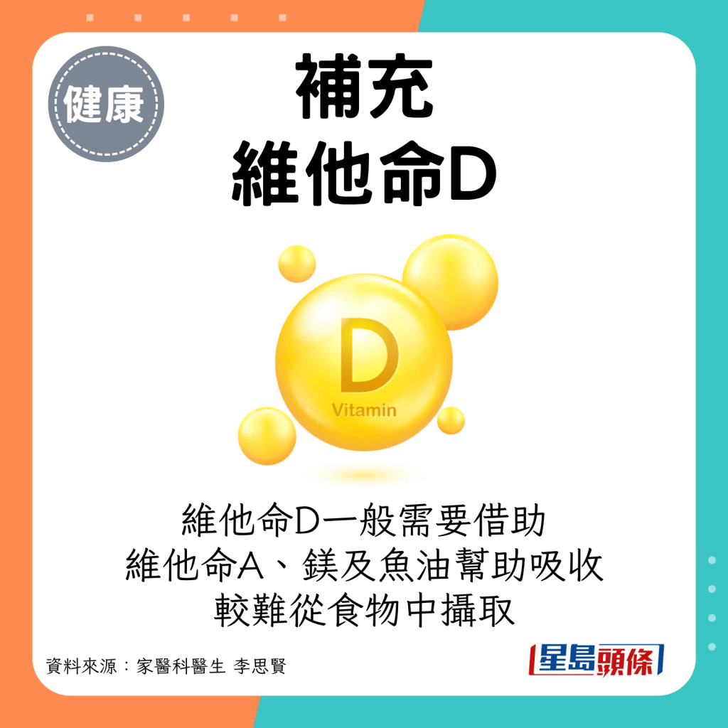 補充維他命D：維他命D一般需要借助維他命A、鎂及魚油幫助吸收，所以較難從食物中攝取。