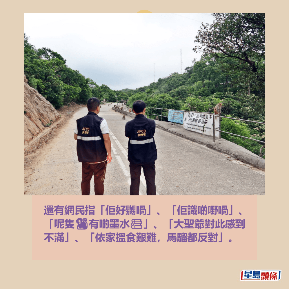 還有網民指「佢好嬲喎」、「佢識啲嘢喎」、 「呢隻🐒有啲墨水📚」、「大聖爺對此感到 不滿」、「依家搵食艱難,馬騮都反對」。「漁護署」fb截圖 還有網民指「佢好嬲喎」、「佢識啲嘢喎」、 「呢隻🐒有啲墨水📚」、「大聖爺對此感到 不滿」、「依家搵食艱難,馬騮都反對」。「漁護署」fb截圖