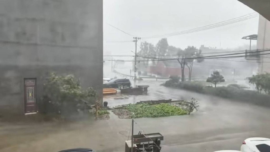 「白海豚」在台州登陸前已對鄰近的臨海市帶來狂風暴雨。抖音@小蜜蜂
