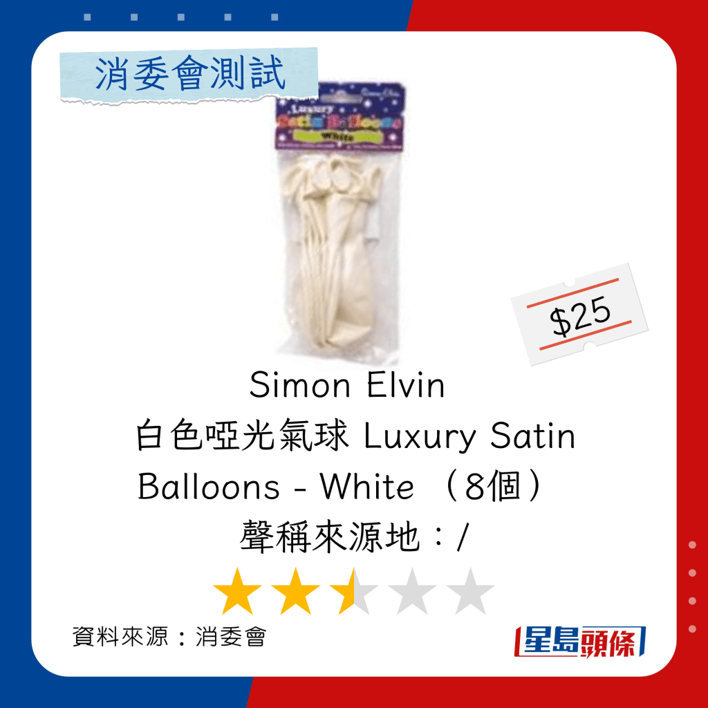 消委会乳胶气球推介｜总评分2.5星：Simon Elvin 白色哑光气球 Luxury Satin Balloons - White （8个）