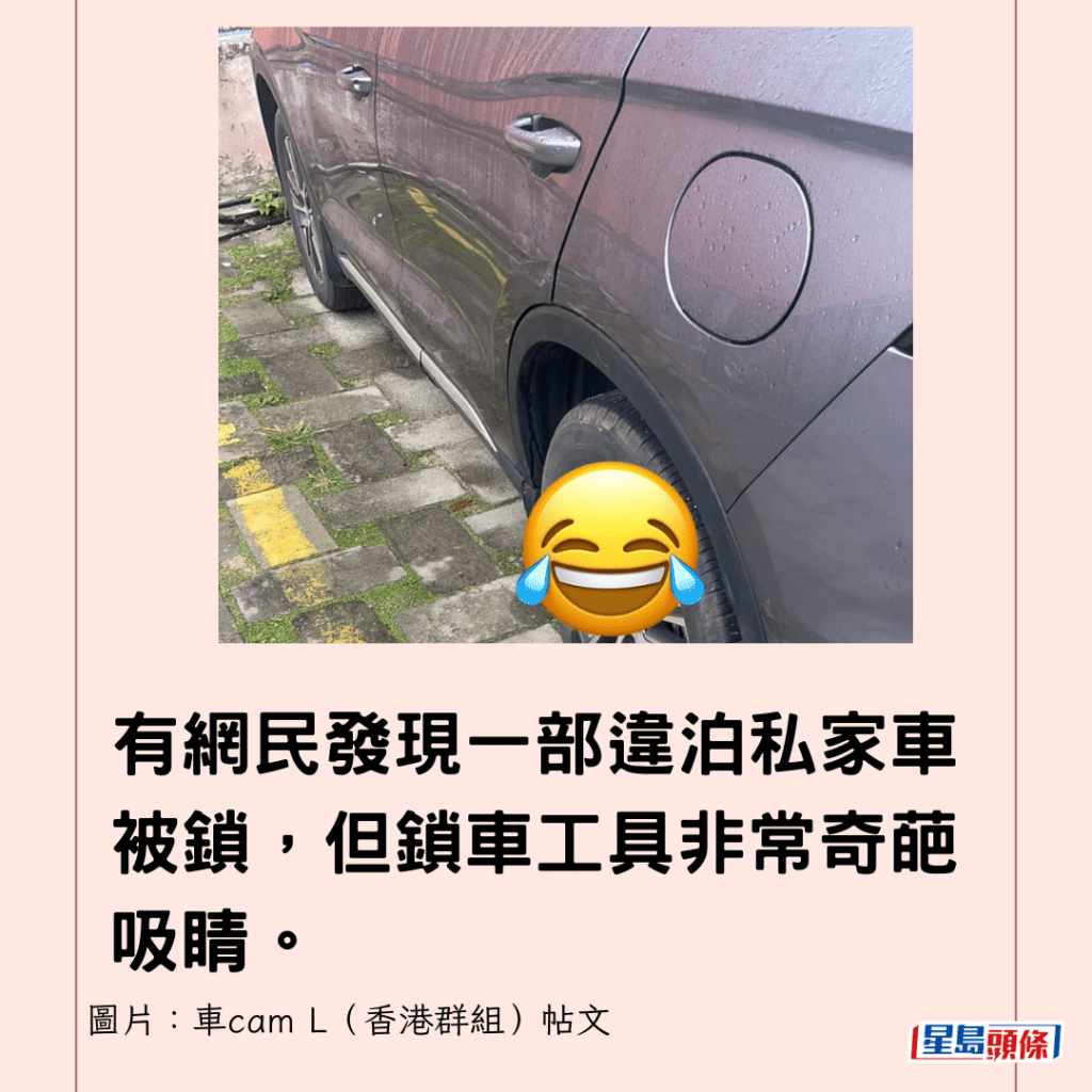  有網民發現一部違泊私家車被鎖，但鎖車工具非常奇葩吸睛。