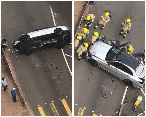 私家車翻側橫亘路中。圖：網民Ju Belli‎香港突發事故報料區