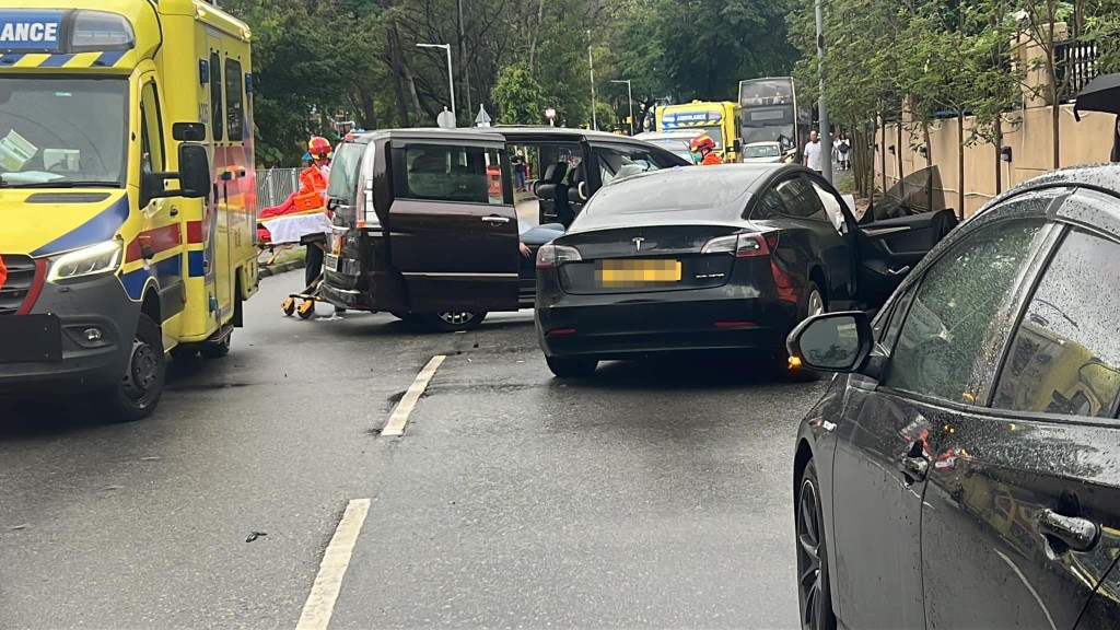 一辆Tesla电动车与一辆七人车于大埔三门仔路发生相撞。网上图片