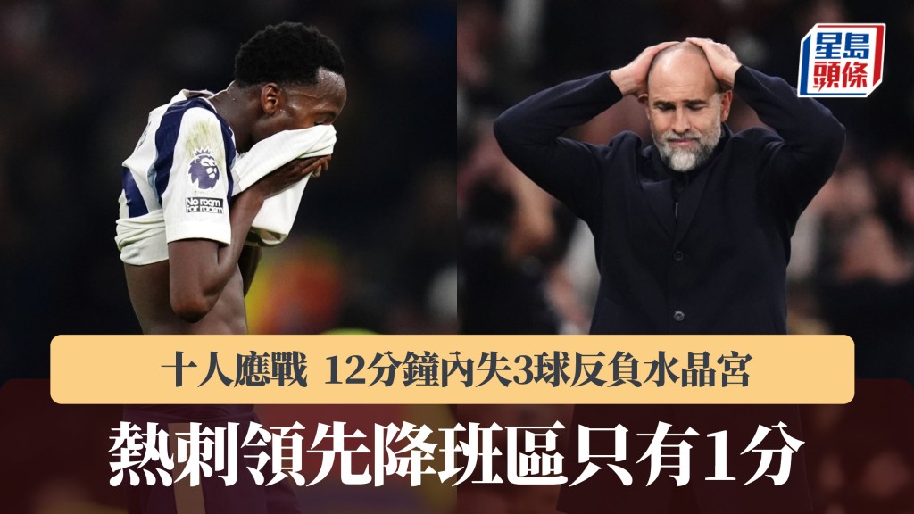 英超｜十人熱刺12分鐘內失3球反負 領先降班區只有1分。美聯社