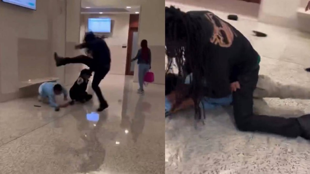 夏希姆（黑衣）在法庭見到殺害自己兒子的疑兇（藍衣）時，情緒失控，當場暴打對方。（X@Mrgunsngear）