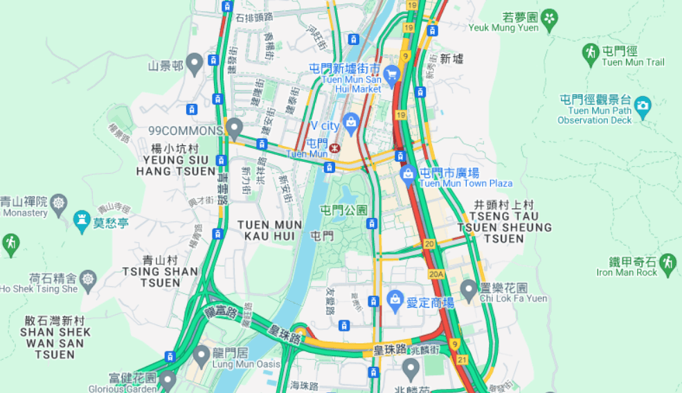 截至晚上7时半，屯门一带交通仍严重受阻。Google地图截图