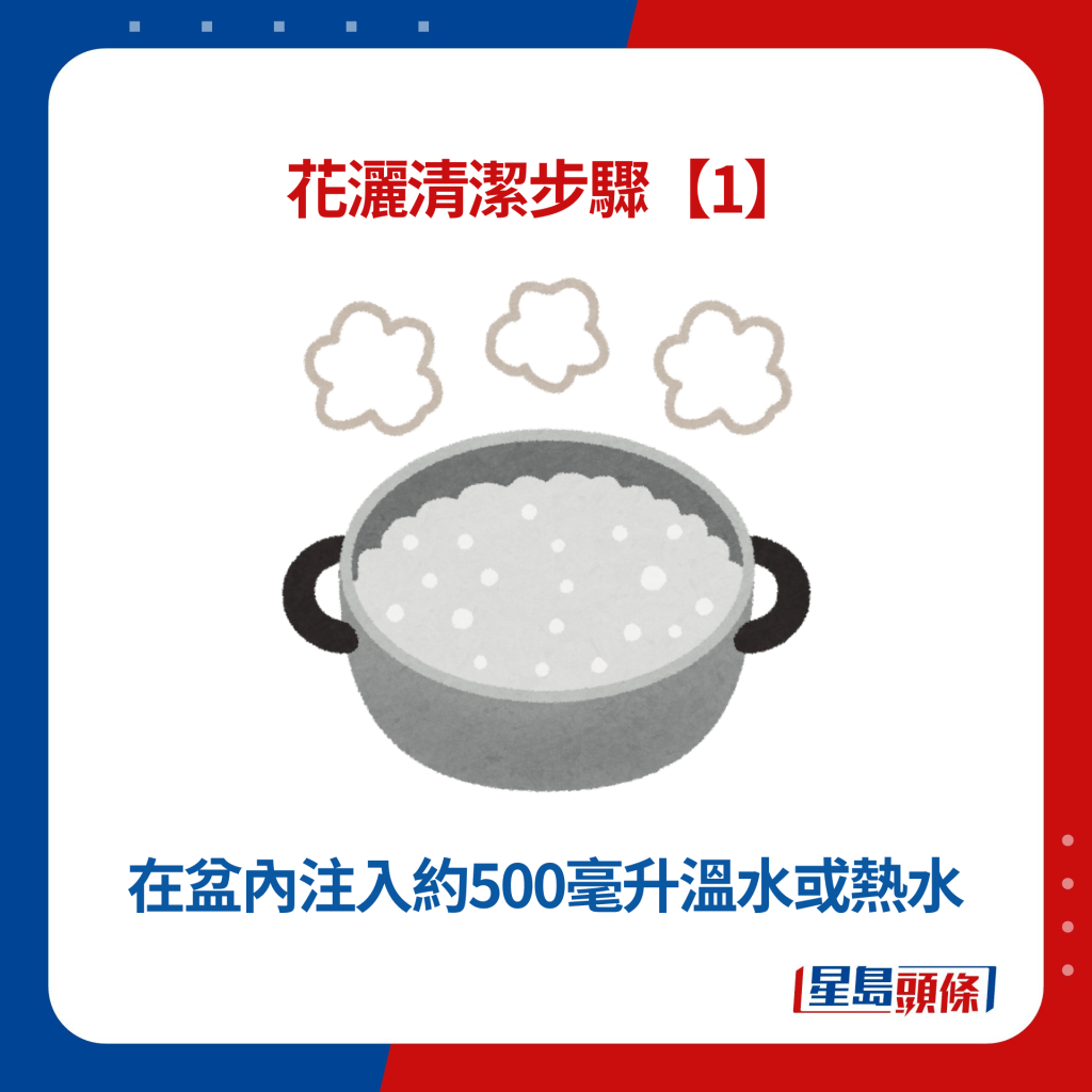 花灑清潔步驟【1】在盆內注入約500毫升溫水或熱水