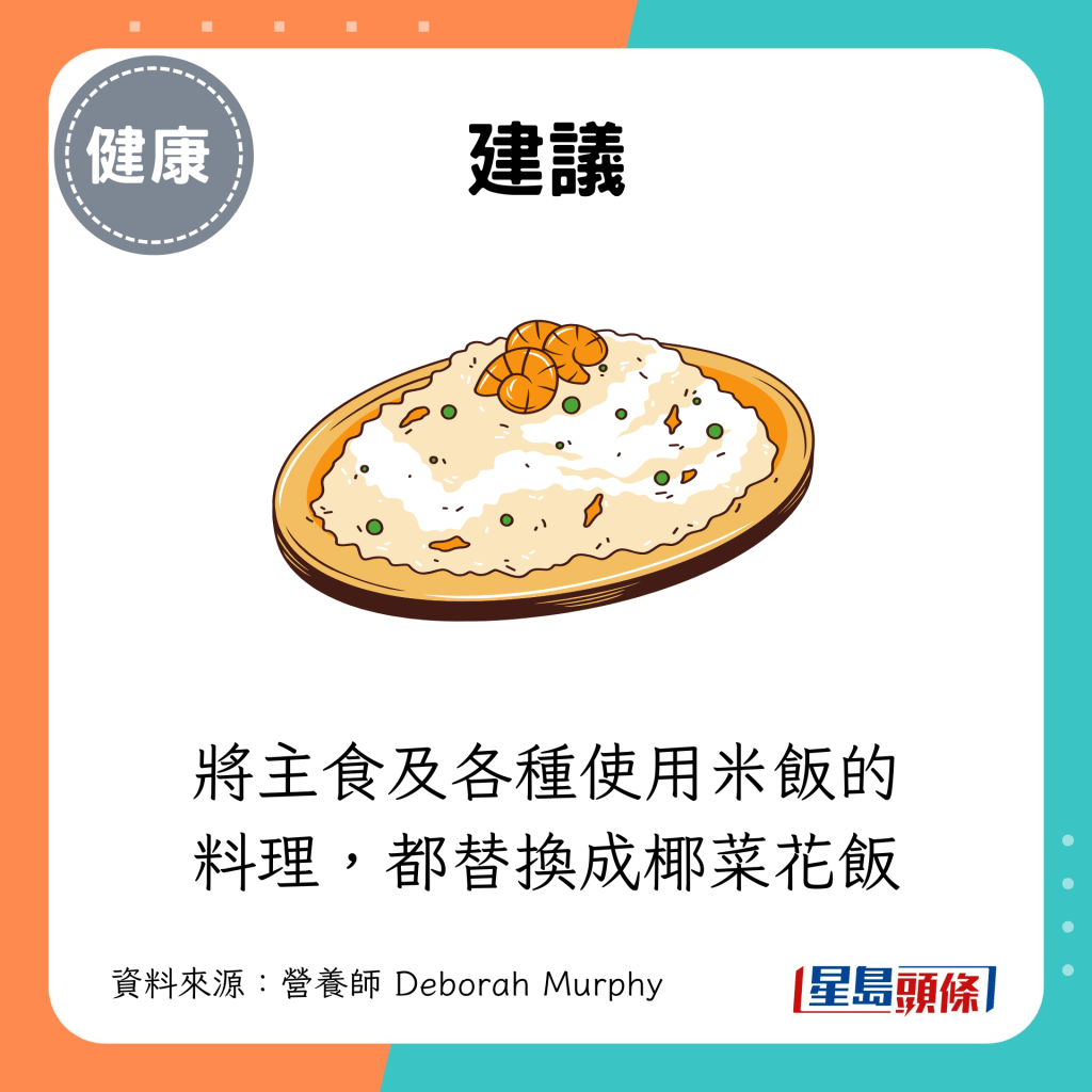 可将主食及各种使用米饭的料理,都替换成椰菜花饭 可将主食及各种使用米饭的料理,都替换成椰菜花饭
