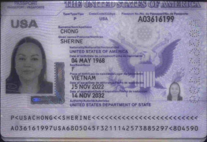  Sherine Chong的美國護照。 越南官媒 VOV
