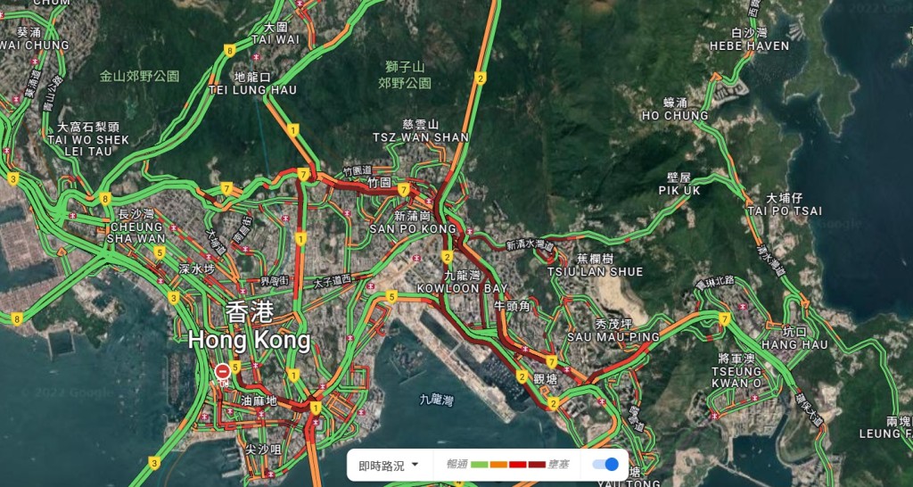 东九龙一带交通非常挤塞。Google地图截图