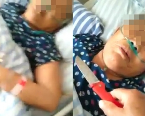 內地一名女子用生果刀收病母頸上,質問她有多少存款。網上圖片