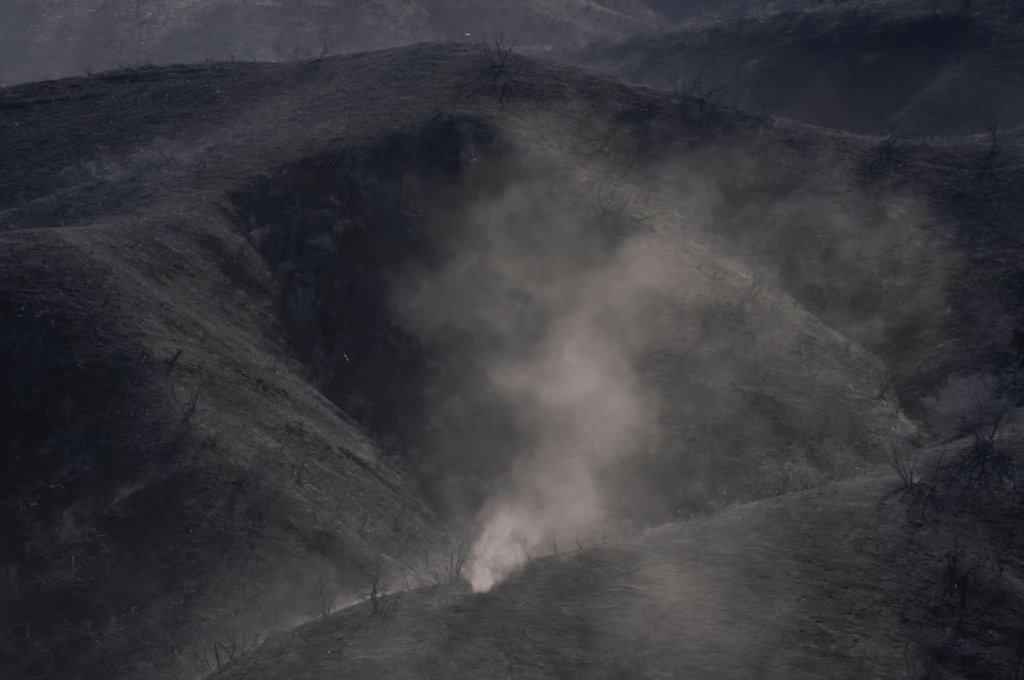 2025 年 1 月 13 日，美国加州洛杉矶，在帕利塞兹大火期间，风将火山灰吹过塔扎纳地区被烧毁的山丘。路透社