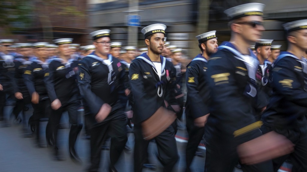 澳洲海軍人員在澳紐軍團日遊行。 美聯社