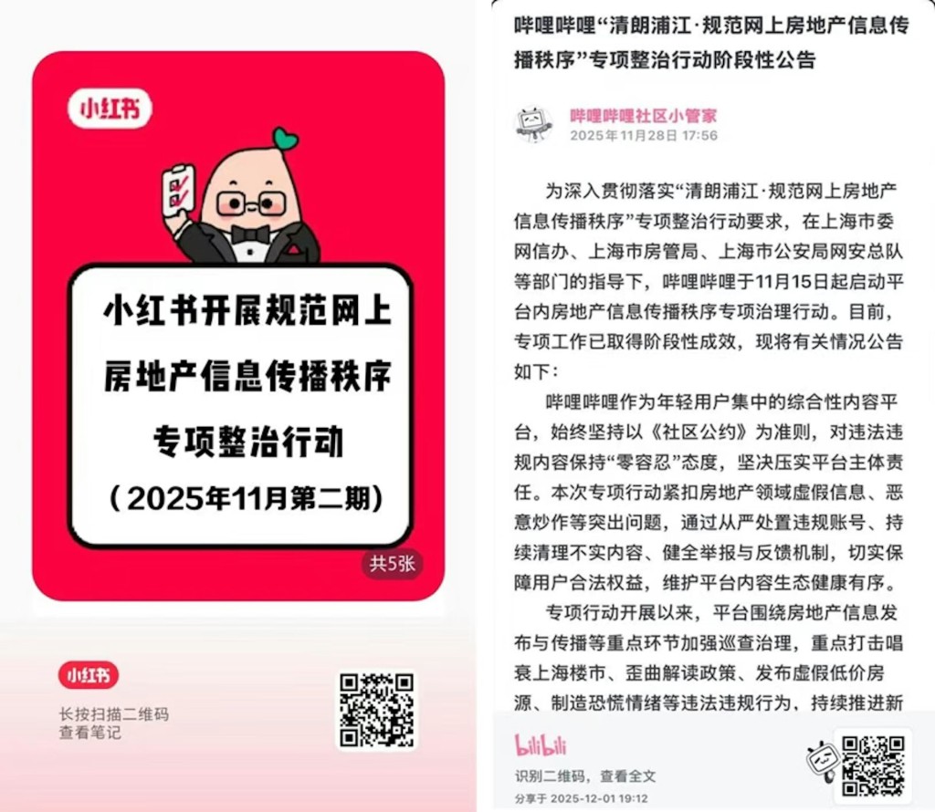 上海網信辦禁止唱衰樓市訊息，小紅書、B站處置7萬涉違規賬號。