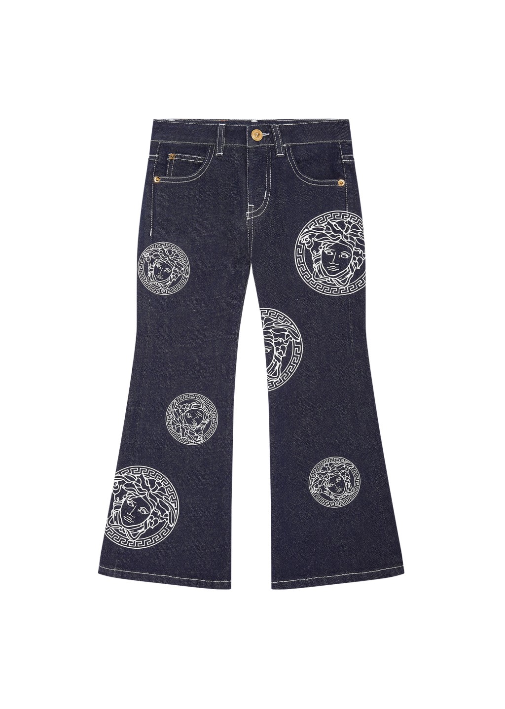 复古的阔脚牛仔裤/$2,400至$2,600/V，裤管饰以标志性的Medusa图案，吸睛又抢眼。