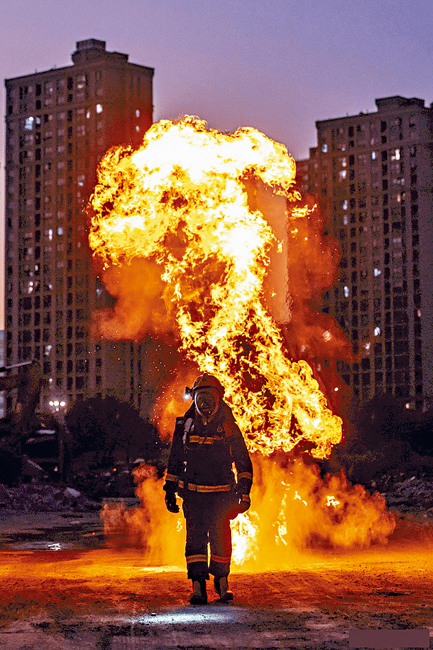 消防實驗中的粉塵爆炸，火燄高近5米。