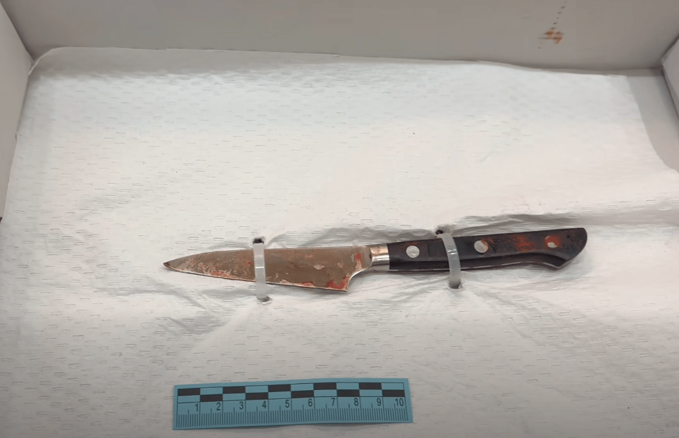 司警在酒店房內檢獲兩把染血利刀。司警教室片段截圖