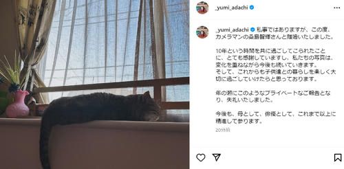 今日安达佑实公开猫咪相宣布离婚。