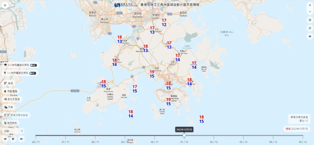 「自动分区天气预报」，12月1日打鼓岭的最低气温只有12℃，属于寒冷水平。石岗、流浮山、上水、大埔气温13℃，其他地区介乎14至15℃。