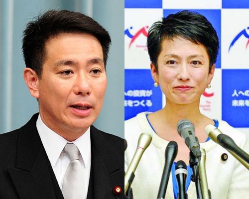 日本前外相前原诚司（左）接替莲舫当选民进党主席。新华社图片