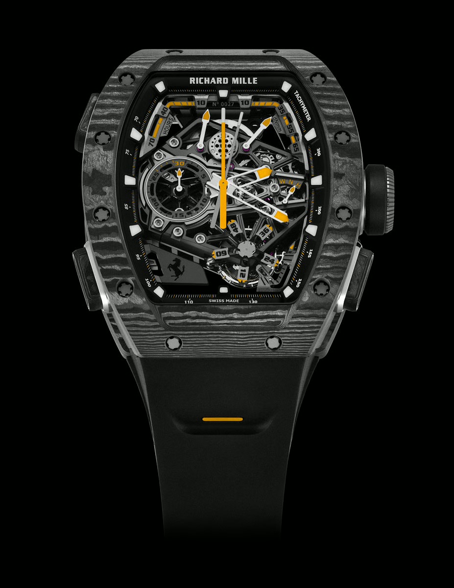 Richard Mille RM 43-01 Tourbillon Split-Seconds Chronograph Ferrari，錶殼：42.9×51.2mm碳纖維TPT/ 機芯：手上鏈/ 限量：75枚/ 售價：待詢。