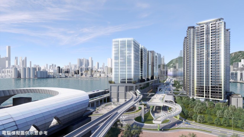 府今日(31日)為「啟德智慧綠色集體運輸系統」合約展開公開招標。圖示該系統的電腦模擬圖。