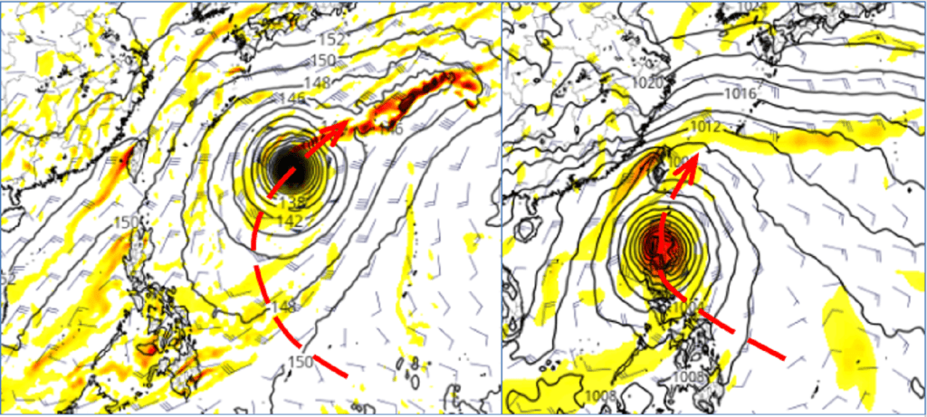 23日20时欧、美模式30日20时模拟图显示，菲律宾东方海面有热带扰动发展；美国模式(GFS)模拟在比较远的位置北转(左图)，欧洲模式(ECMWF)模拟则在吕宋岛附近北转(右图)。。「三立准气象· 老大泄天机」图片