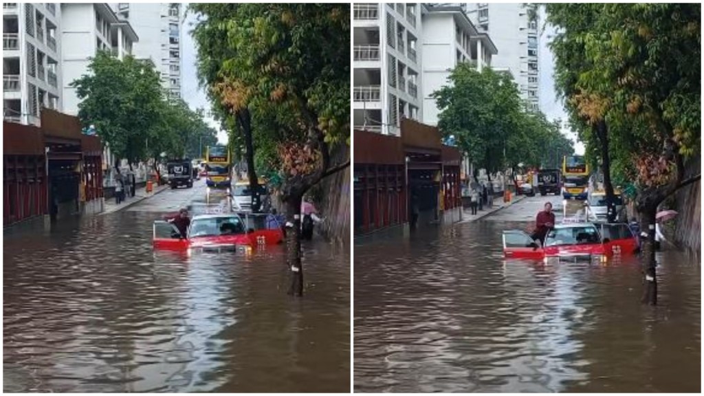 的士在水中僅露出車頂。網片截圖