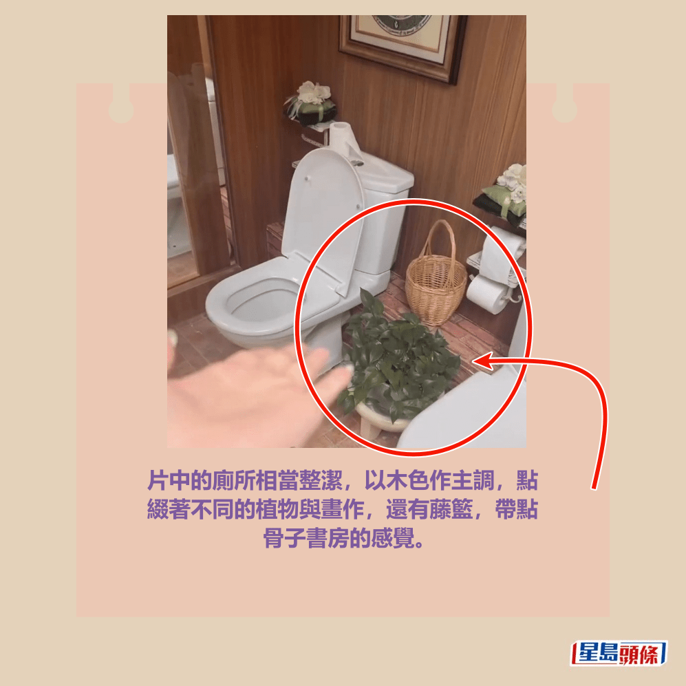 片中的廁所相當整潔,以木色作主調,點綴著不同的植物與畫作,還有藤籃,帶點骨子書房的感覺。Threads截圖 片中的廁所相當整潔,以木色作主調,點綴著不同的植物與畫作,還有藤籃,帶點骨子書房的感覺。Threads截圖