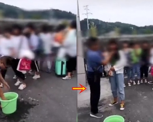 有男老師在校門以抹布為女學生「強制卸妝」。影片截圖