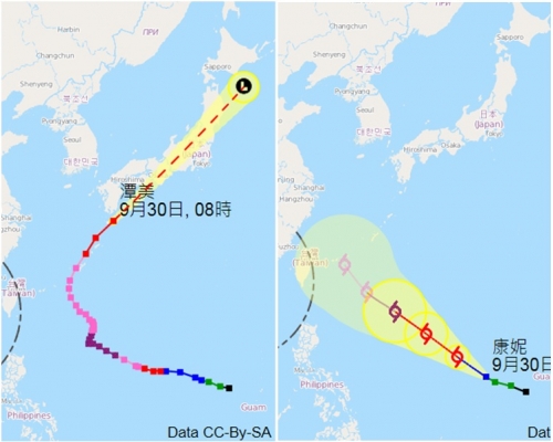 圖左,「潭美」今天橫過日本。圖右,「康妮」大致移向台灣以東海域。
