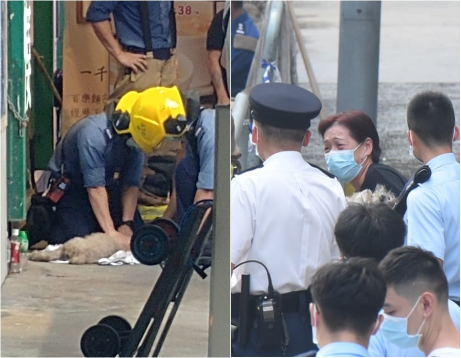 消防救出一隻狗並當場急救;女狗主(右)情緒激動。