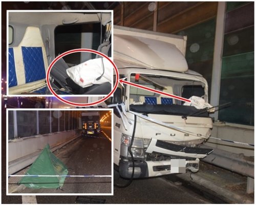 意外中車頭遺下血跡。死者倒卧離貨車約10米的路肩上。資料圖片