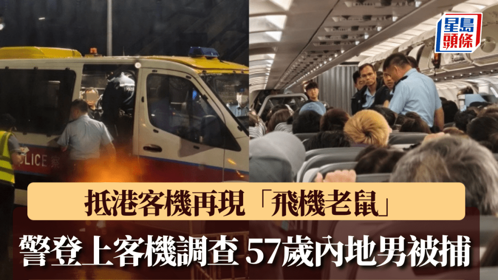 抵港客機再現「飛機老鼠」 警員登上客機調查 57歲內地男被捕。HK Express 香港快運及旅行資訊關注組